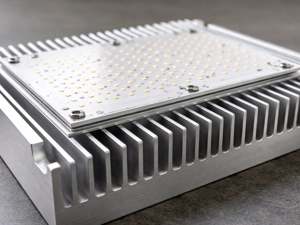 Close-up of a passively cooled LED board on an aluminum heatsink with visible thermal fins