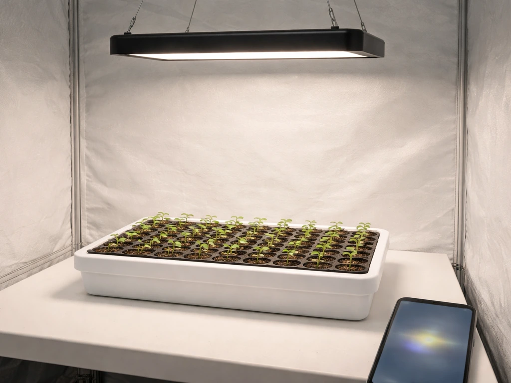 Seedling tray in a small grow tent under a dimmed grow light at safe mounting height