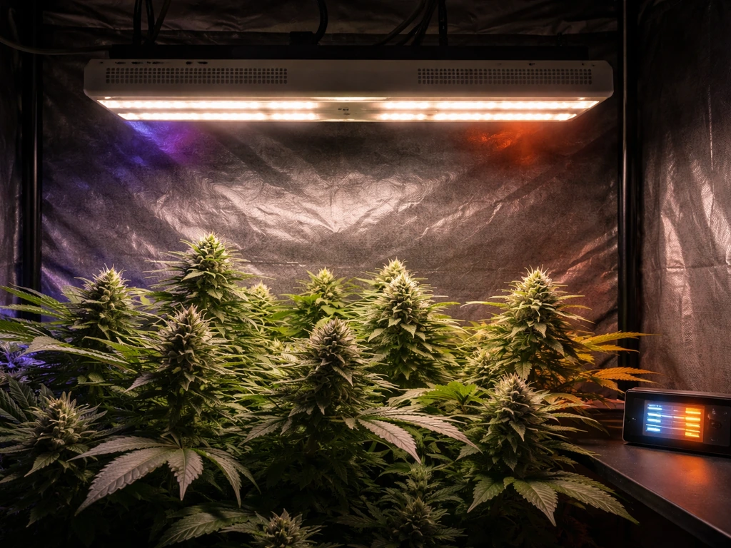 SP-8000-style grow light over flowering canopy with subtle UV and IR glow indicators on a controller.