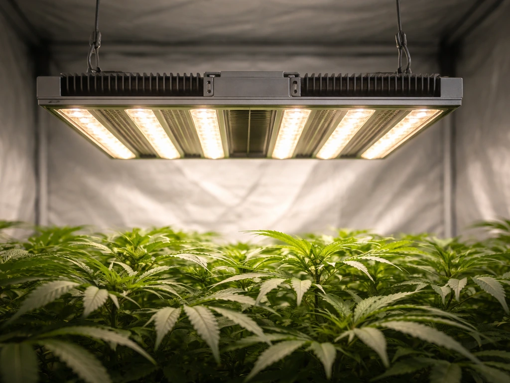 Gn Telos 0010 LED grow light mounted above a plant canopy inside a grow tent