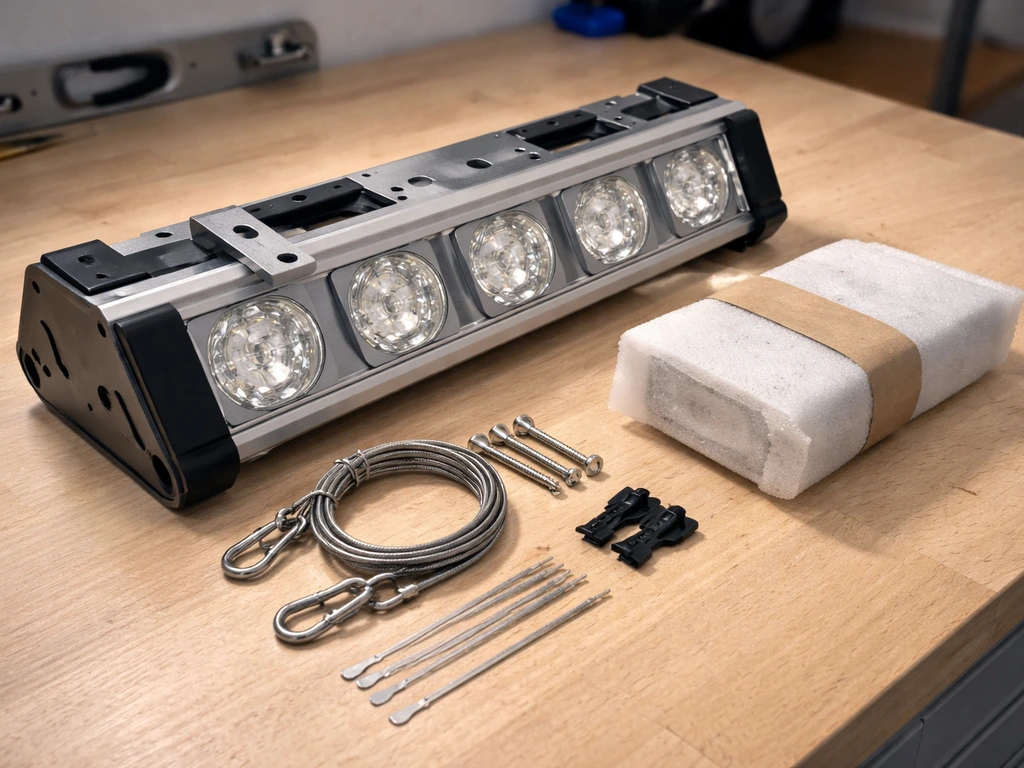 Close-up of a Telos LED grow light body, mounting hardware, and driver package on a workbench during unboxing.