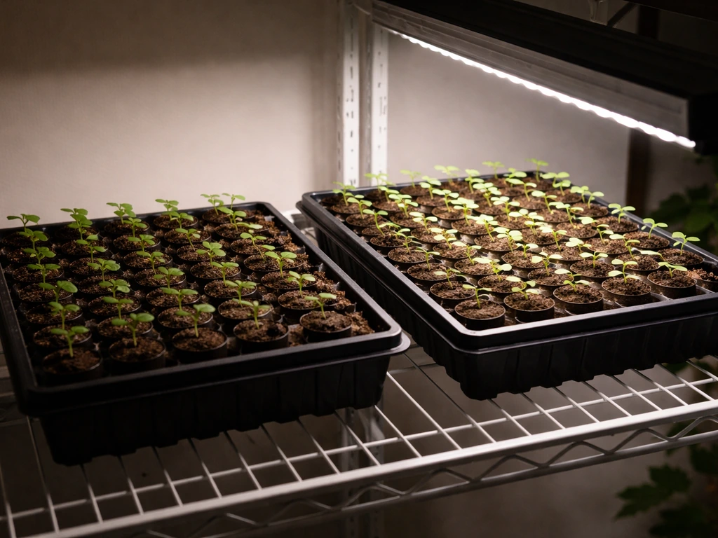 Side-by-side seedling trays, dimmer light on one side and brighter harsher light on the other.