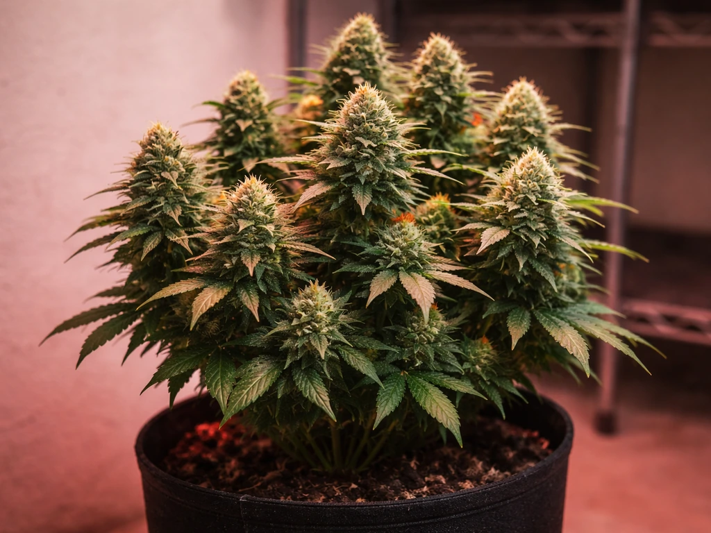 Blooming potted plant with dense buds under red-enhancing grow light in a clean indoor setup