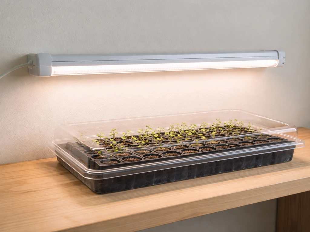 2-foot LED grow light over a small propagation tray with fresh green seedlings on a wood shelf.