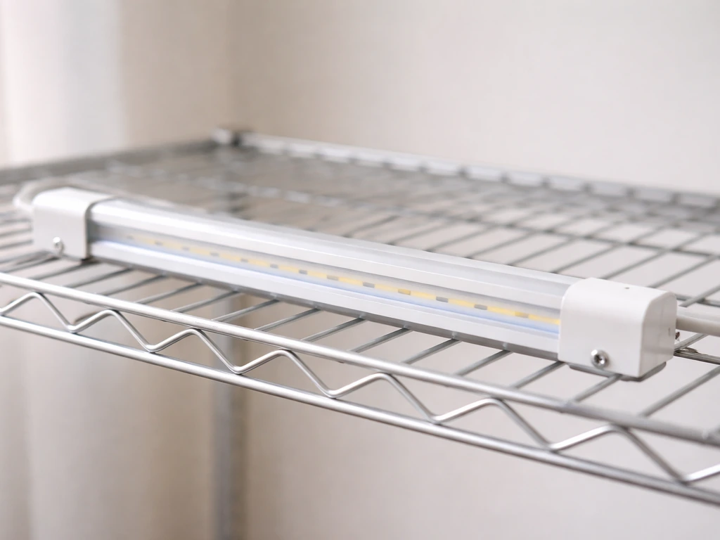 Close-up of a compact 2ft Feit Electric LED plant grow light housing on a simple wire shelf