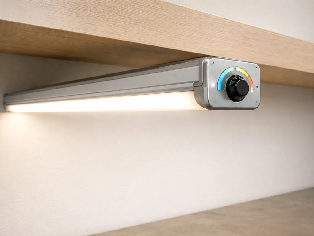 Close-up of a 4ft 54W adjustable spectrum LED fixture with the spectrum tuning dial visible.