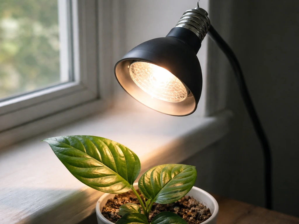 PAR38 grow light bulb lit inside a simple reflector for focused beam on a windowsill plant