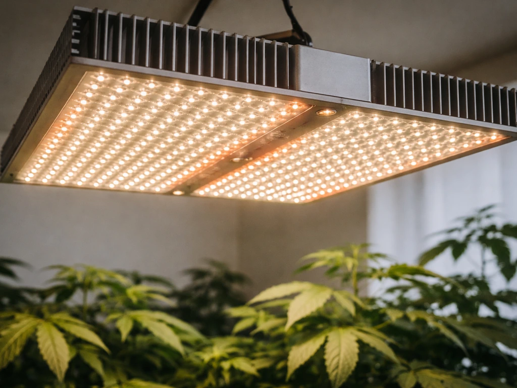 Close-up of a premium quantum board grow light with dense LEDs and heatsink frame above indoor plants
