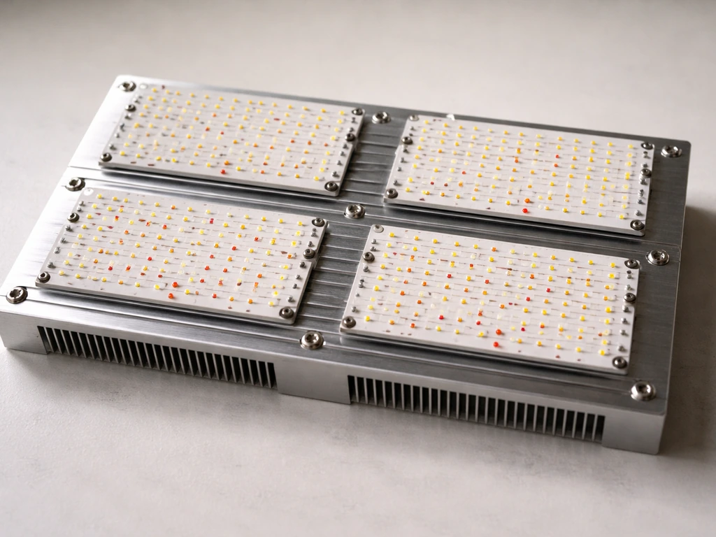 Close-up of four LED quantum boards mounted on a single aluminum heatsink frame.