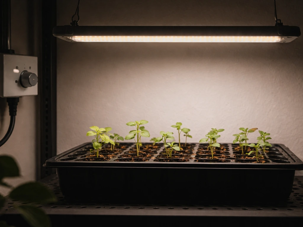 Dimmed LED grow light over a small tray of seedlings with a nearby dimmer/driver set low.