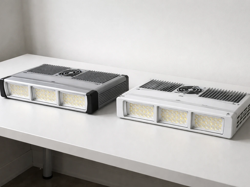 Two 600W-class LED grow light fixtures placed side-by-side on a simple workbench for comparison.
