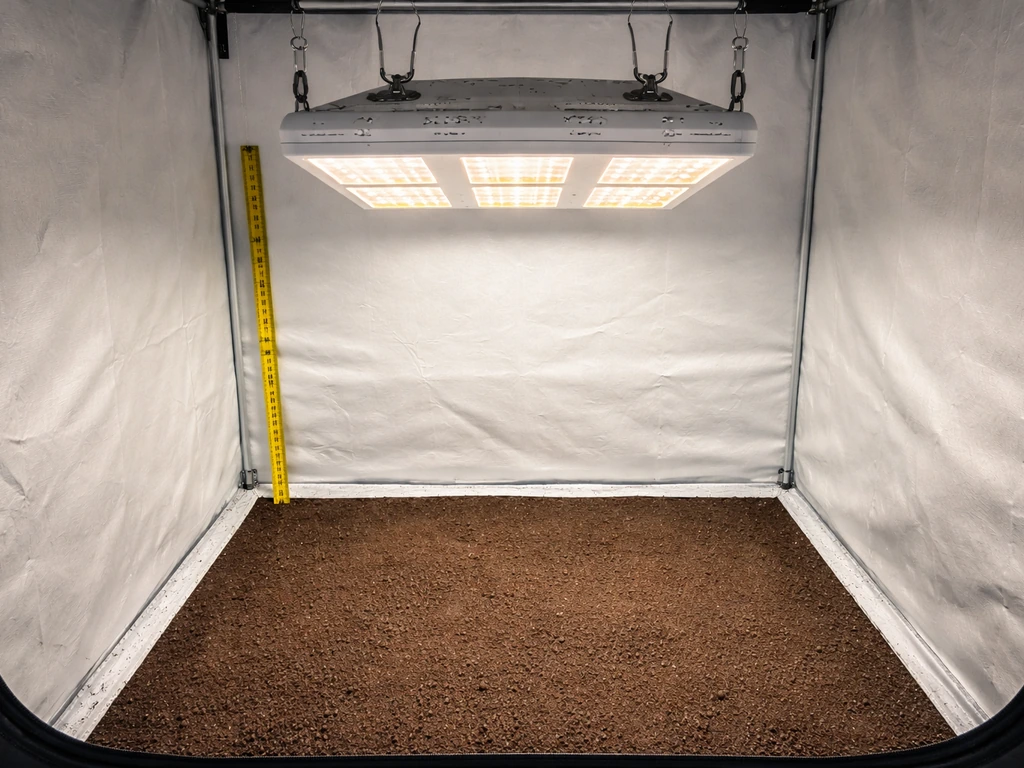Angled view of an LED grow light centered over a 2x2 grow area with a measuring tape showing height.