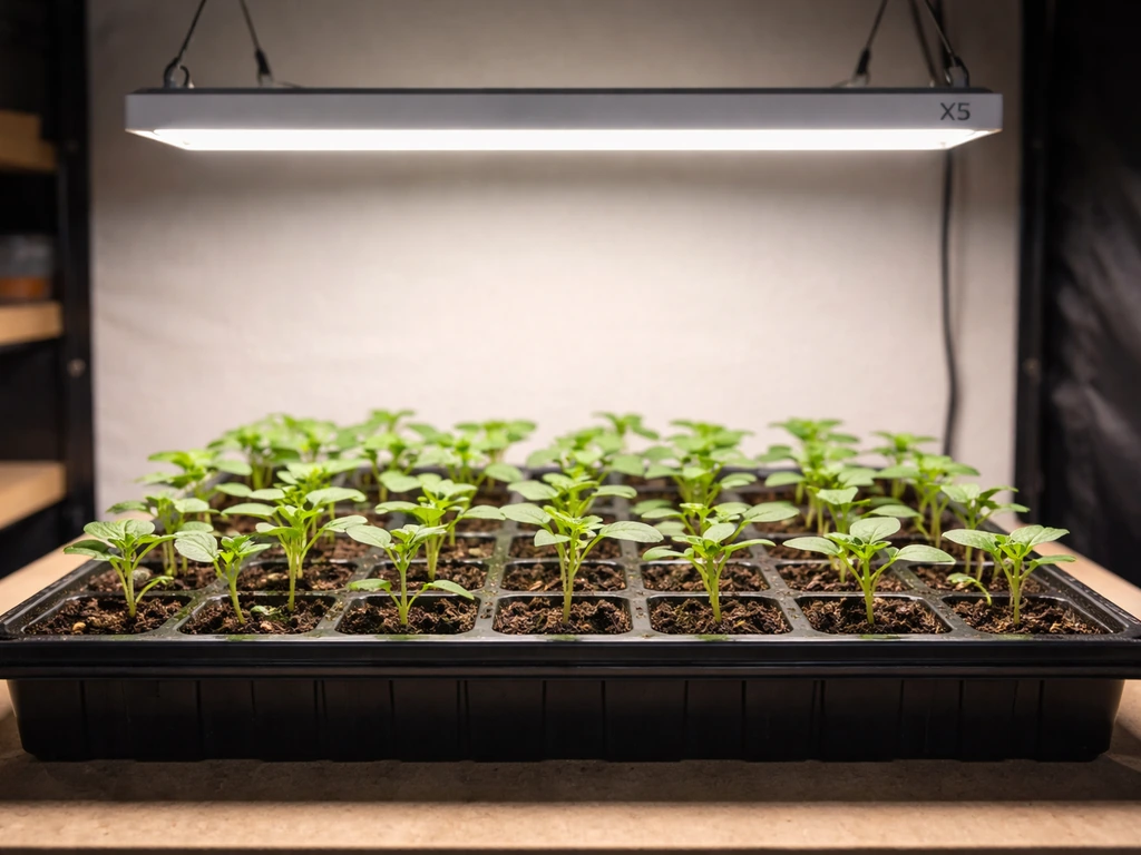 Seedlings on a tray under a compact grow light, leaves thriving under gentle overhead light