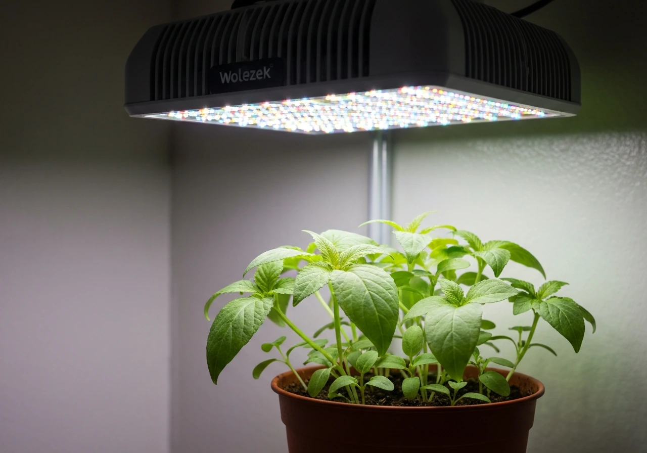 Wolezek grow light shining on a healthy indoor plant seedling in natural, minimal lighting