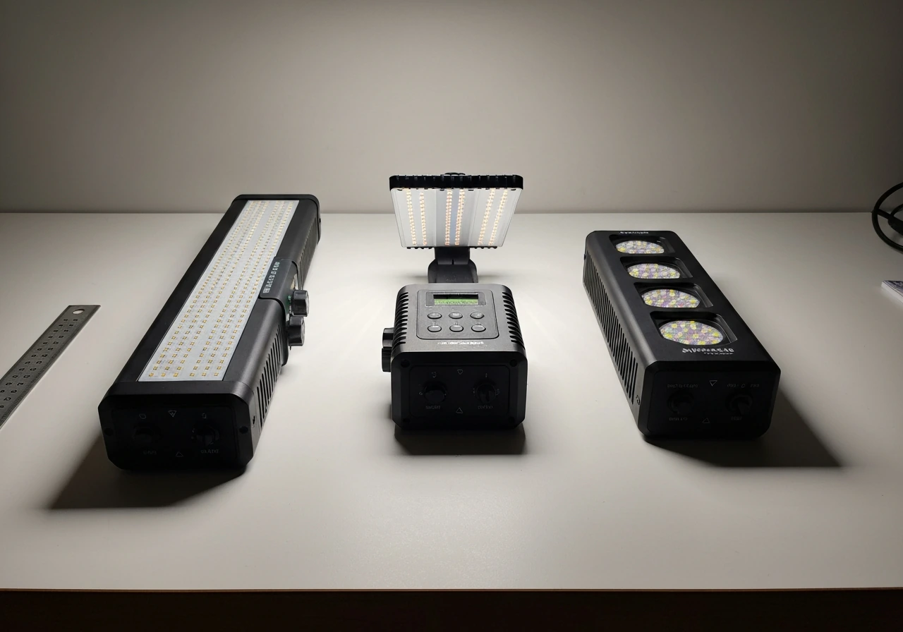 Three Wolezek grow light models laid side-by-side on a workbench, showing different control and body designs