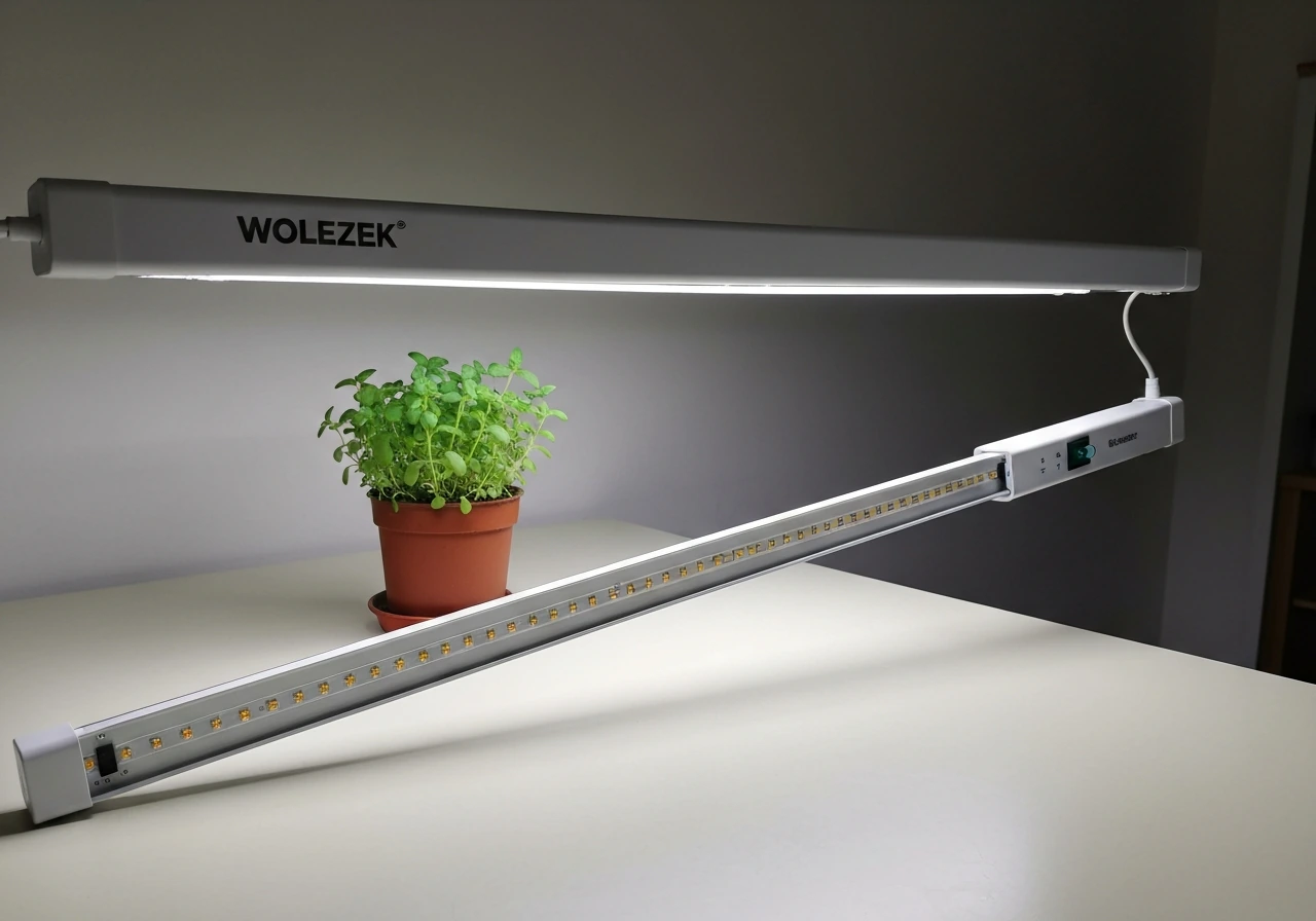 Long 65-inch LED grow light mounted over a small potted herb plant on a simple tabletop.