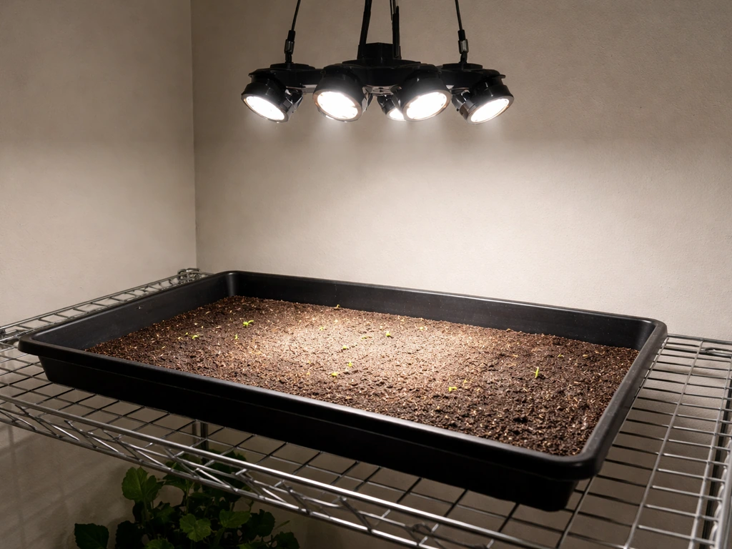 Angled view of a grow shelf with a small LED light above a 1–2 sq ft illuminated area