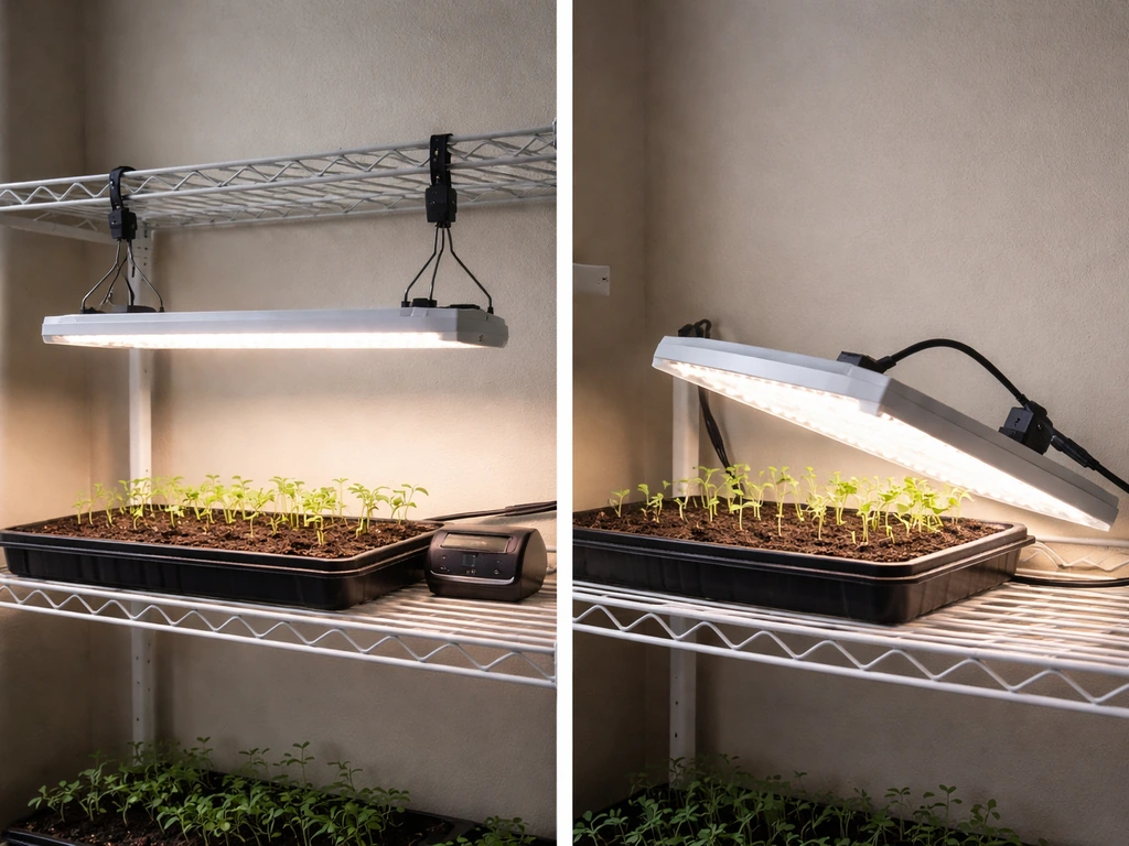 Indoor seedlings under a grow light with its timer and dimming set; another light placed too low nearby.