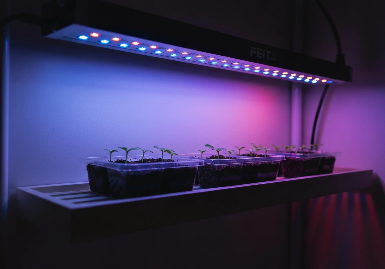Close-up of a bar-style LED grow light glowing blue-red over seedlings in a propagation tray.
