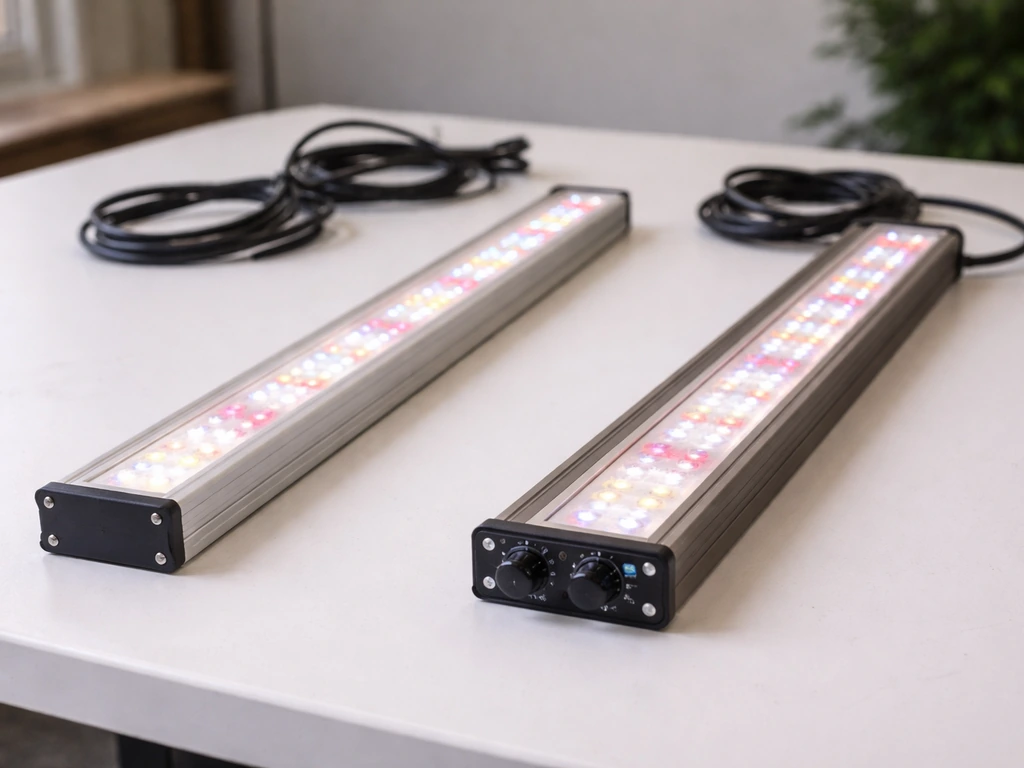 Two 24-inch bar-style LED grow lights side-by-side on a workbench, fixed and adjustable variants.