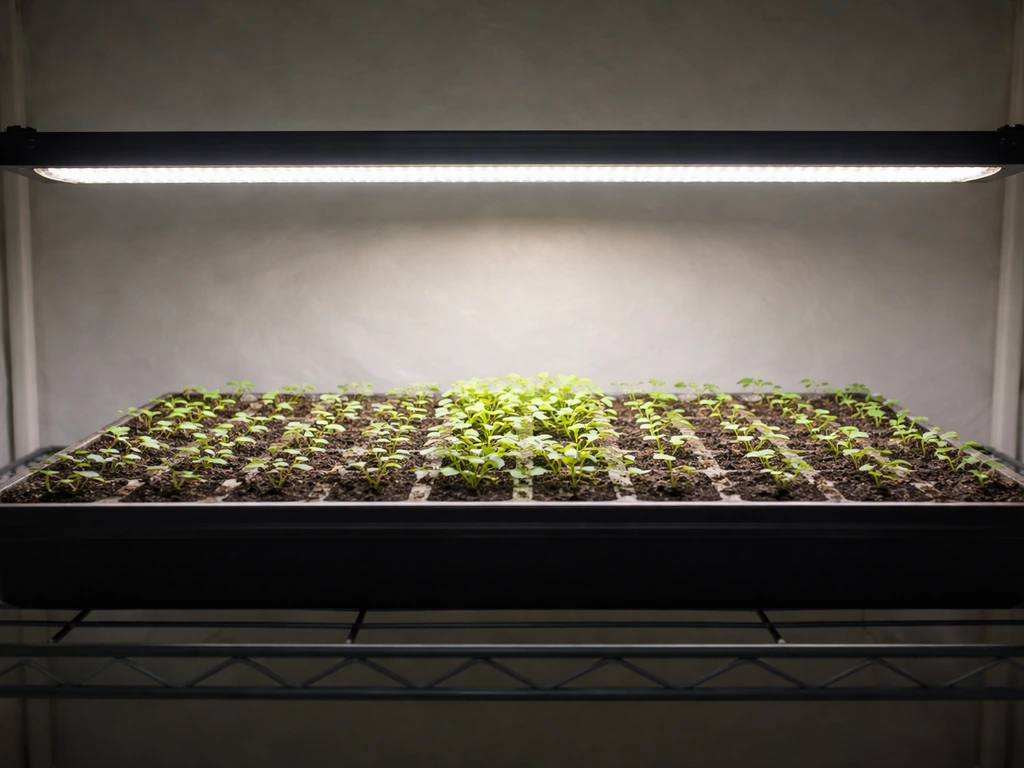 Seedling tray under a grow light bar showing brighter center row and dimmer edges