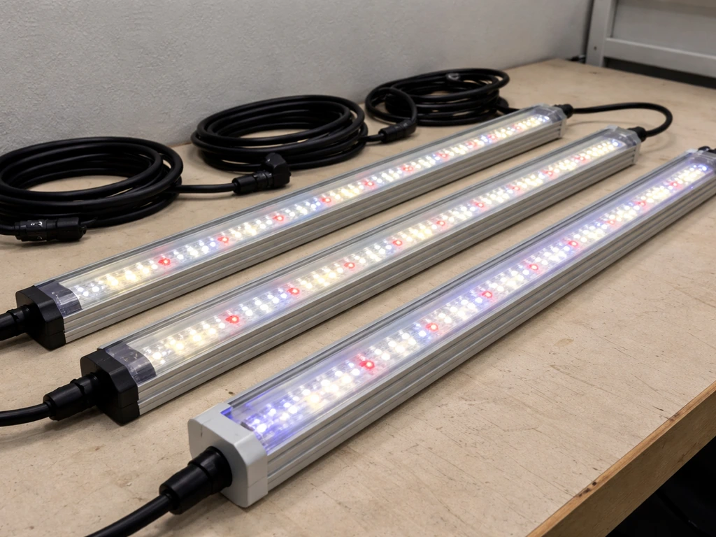 FEIT 19W bar grow light shown next to similar bar LEDs on a simple indoor bench, no text.