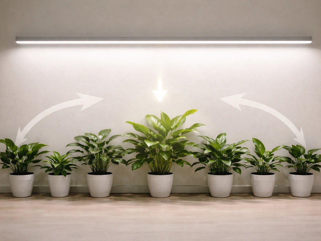 Minimal indoor plant row showing uneven growth, one brighter cluster under a bar light