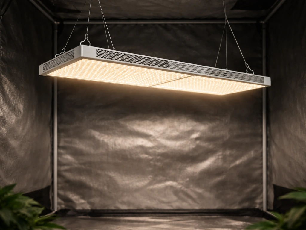 Front/side view of a suspended LED grow light over a 2' x 4' grow tent with soft coverage glow.