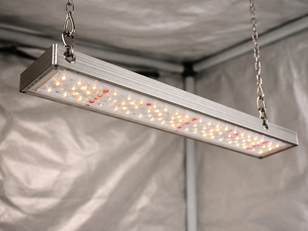 Close-up of a slim grow light LED bar fixture with visible diode array and hanging hardware.