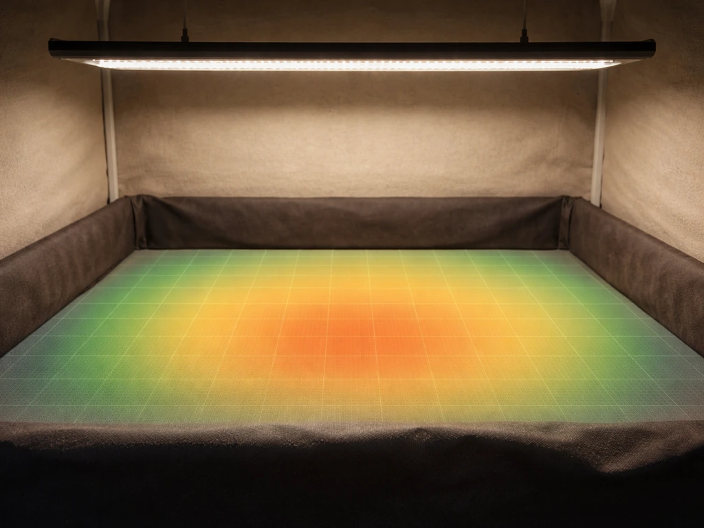 Close-up of a grow light illuminating a small 2x4 area with a subtle PPFD-like grid overlay