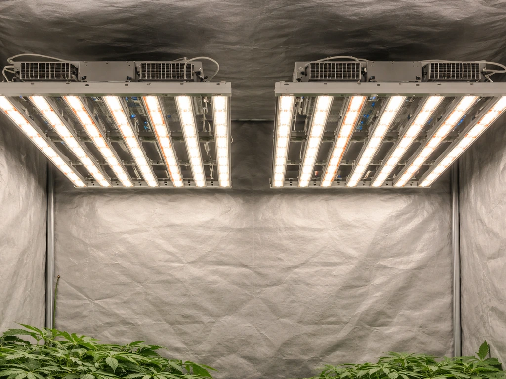 Two unbranded 2x4 grow LED fixtures mounted side-by-side in a quiet indoor grow tent.
