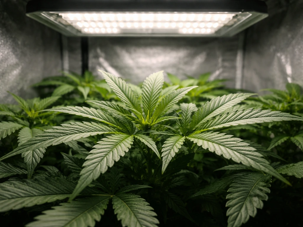 Close-up of a cannabis plant canopy under a modern LED grow light with leaf light spread visible