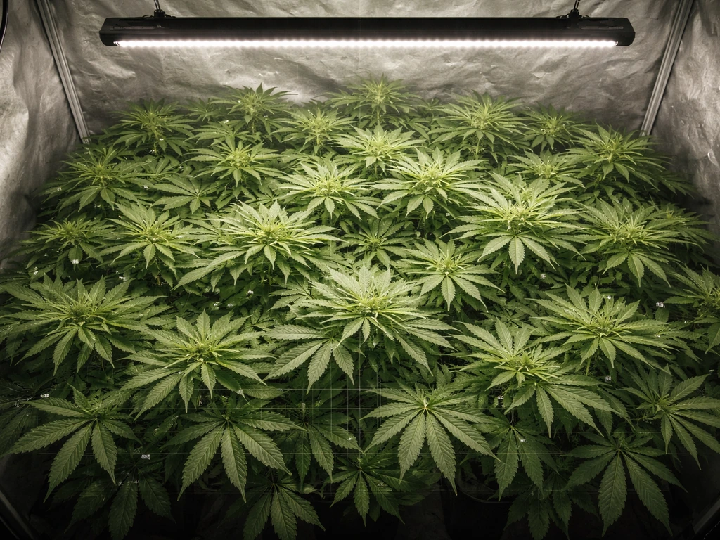 Overhead view of cannabis canopy under grow light with a subtle PPFD measurement grid overlay.