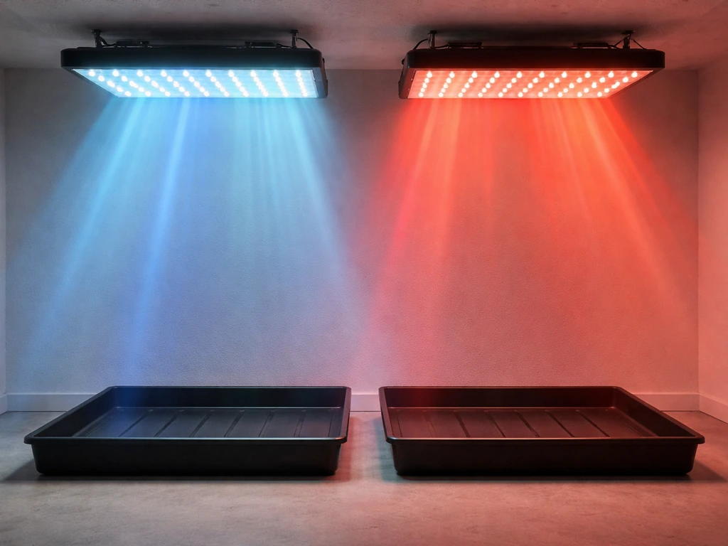 Two side-by-side LED grow panels casting blue and red light over empty trays.
