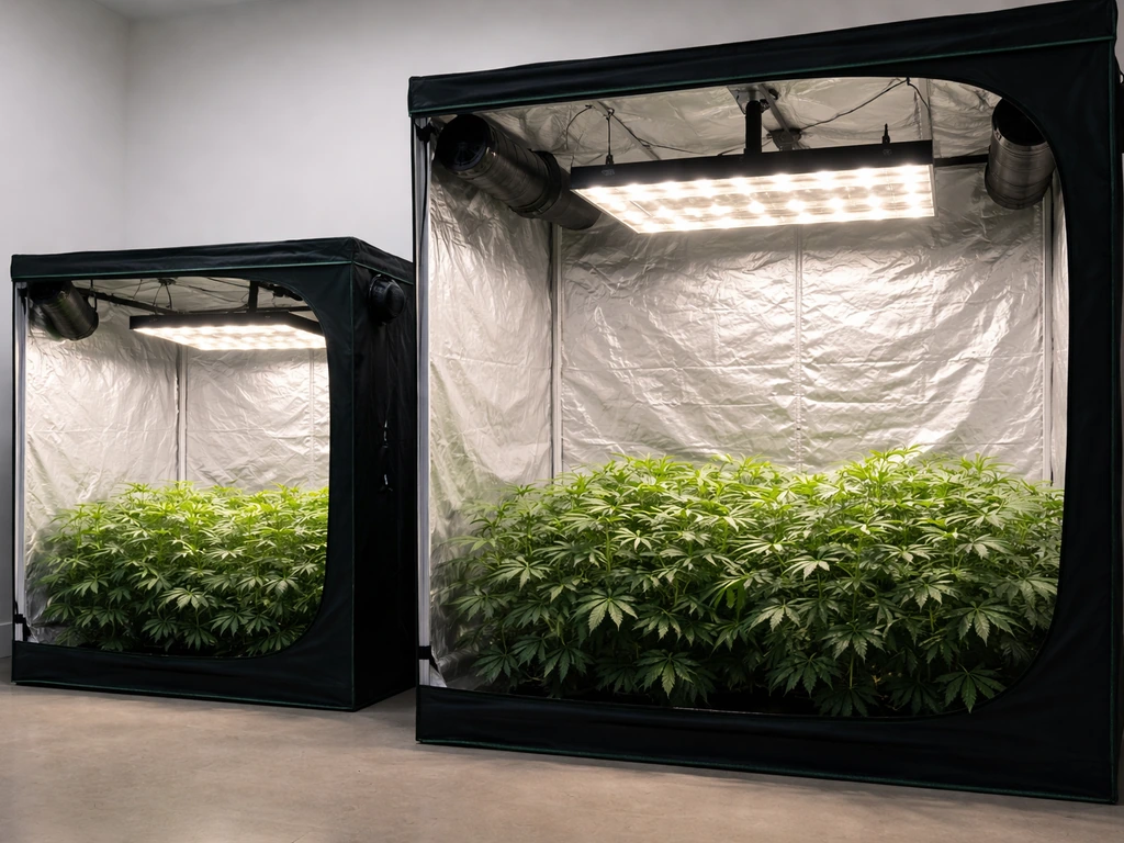 Two grow tents (small and large) with LED lights overhead showing different canopy coverage.