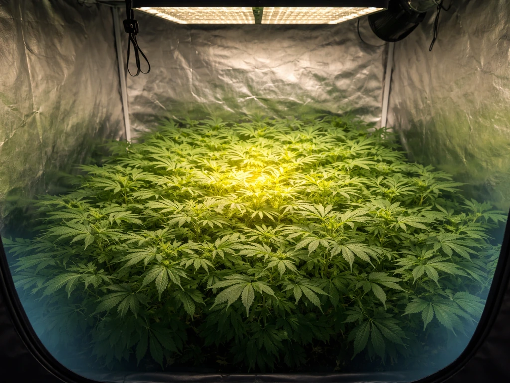 Indoor grow tent canopy showing brighter center and dimmer corners for PPFD uniformity concept.