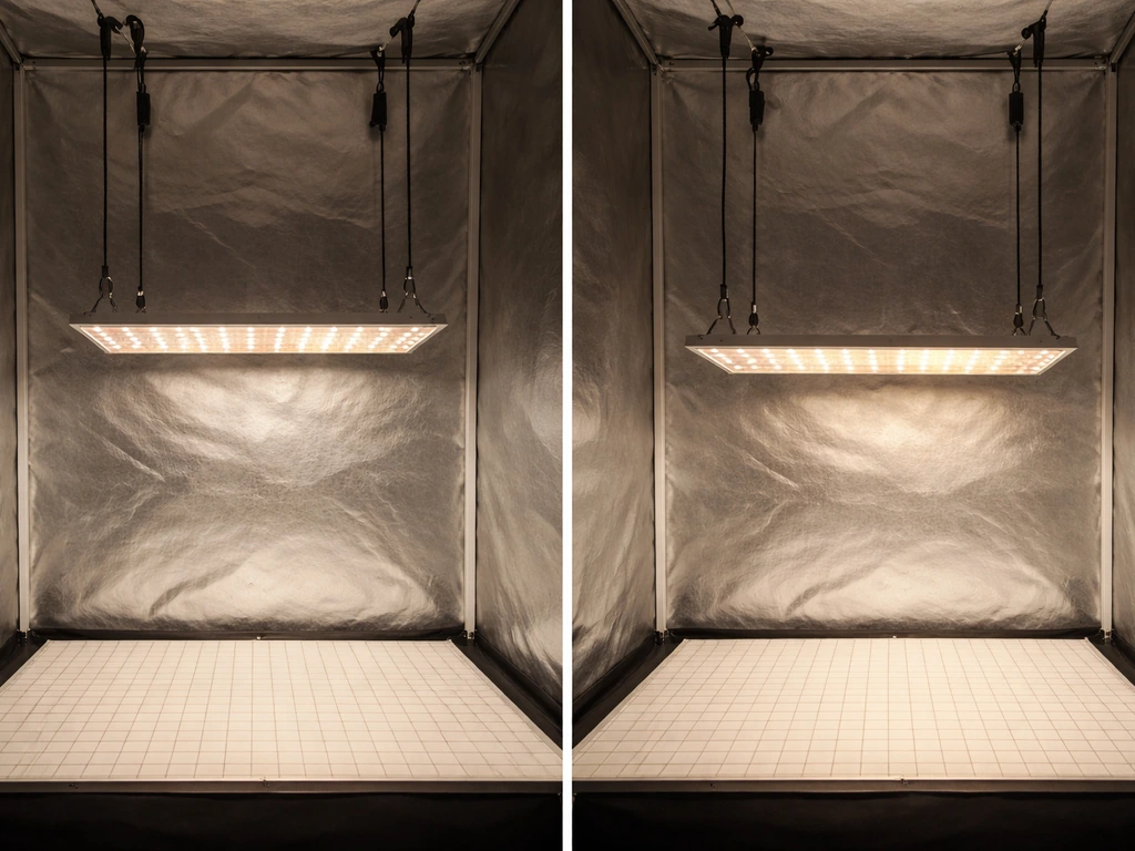LED grow light panel shown at two mounting heights over an empty canopy with adjustable hanging cords/rails.