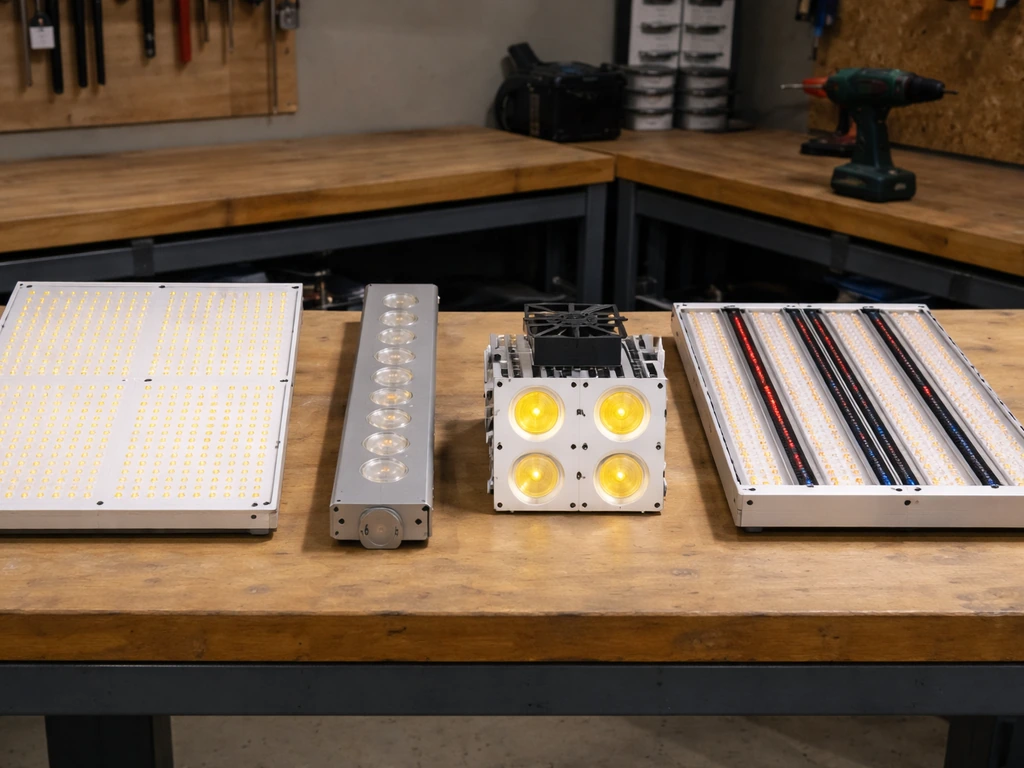 Four distinct LED grow light fixtures laid out on a workbench: quantum board, bar, COB array, and hybrid full spectrum.