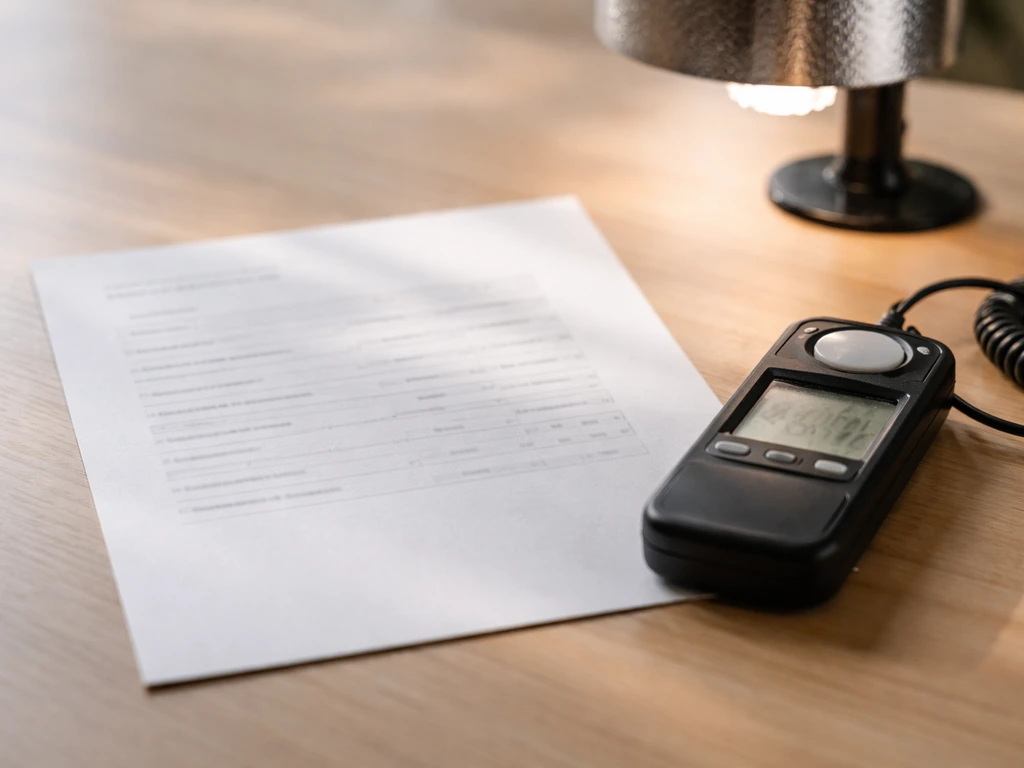 Grow light spec sheet beside a PAR/PPF meter showing PPF and PPFD values.