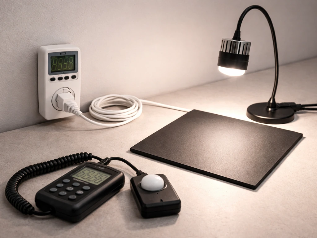 Tabletop scene with a plug-in power meter and grow light with a sensor measuring light output.