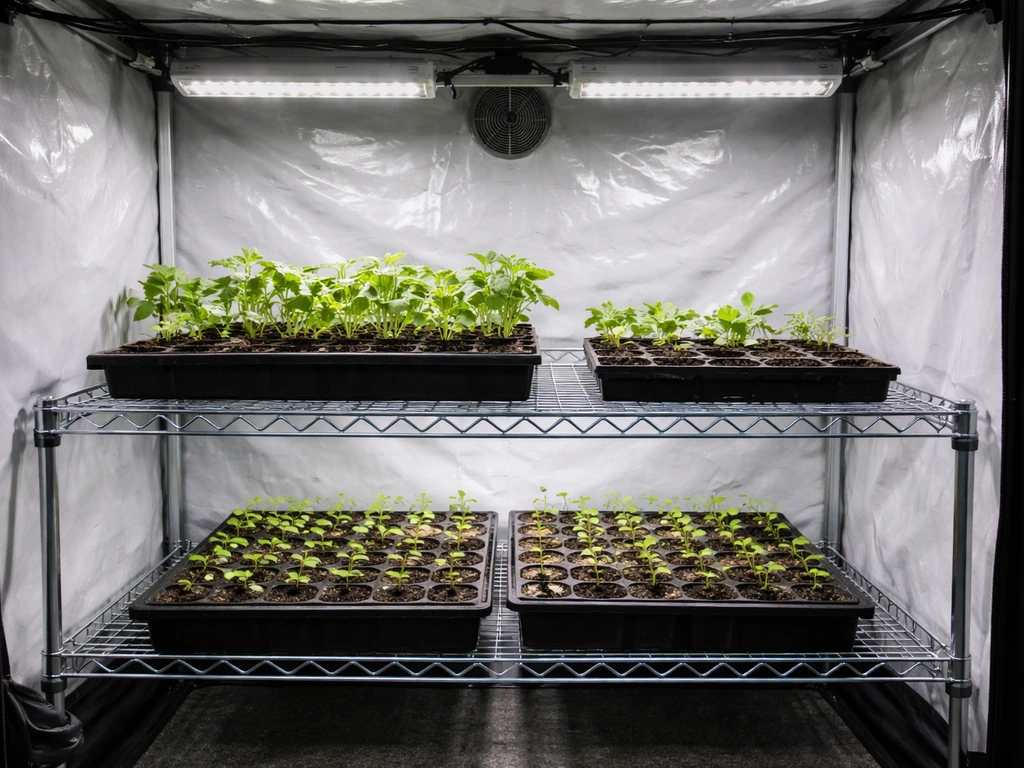 Small 2x2 grow tent with shelves and a couple of LED lights, neatly spaced leafy greens and seedlings.