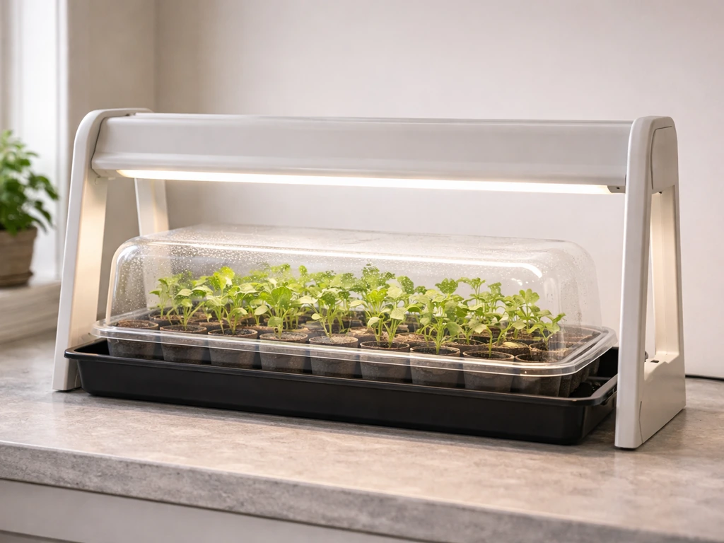 Garland grow light over a tray of seedlings on a countertop in a minimal indoor grow setup.