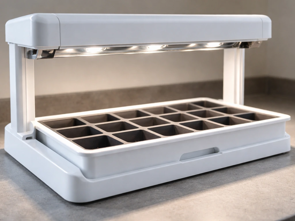 Close-up of a self-contained indoor grow light unit showing tray and overhead light housing canopy.