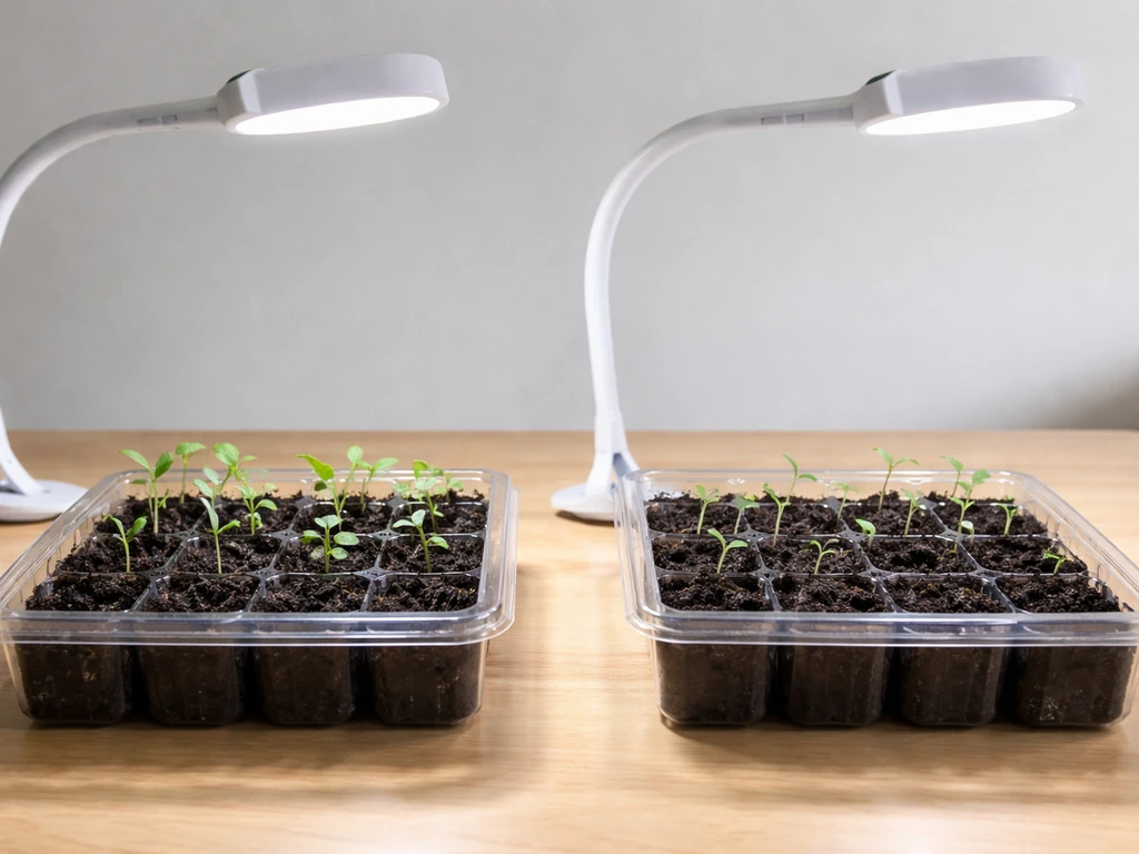 Side-by-side seedlings under cool white light, one thriving and one requiring brighter light.