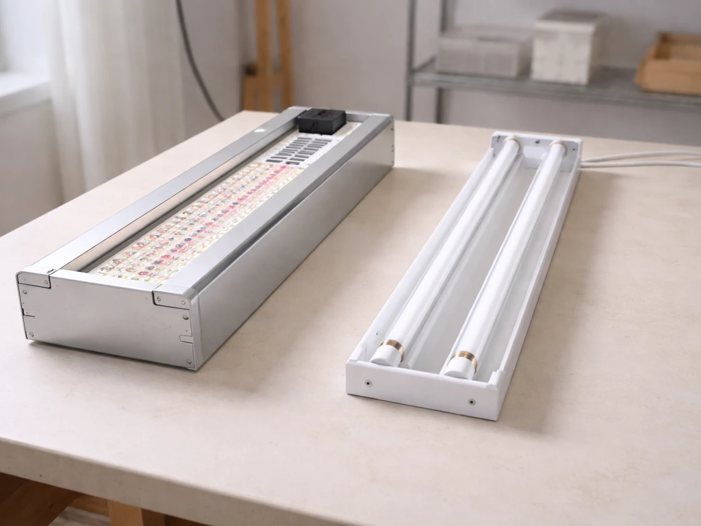 Garland-style grow light system tray and bare tube fixture side-by-side on a clean workbench