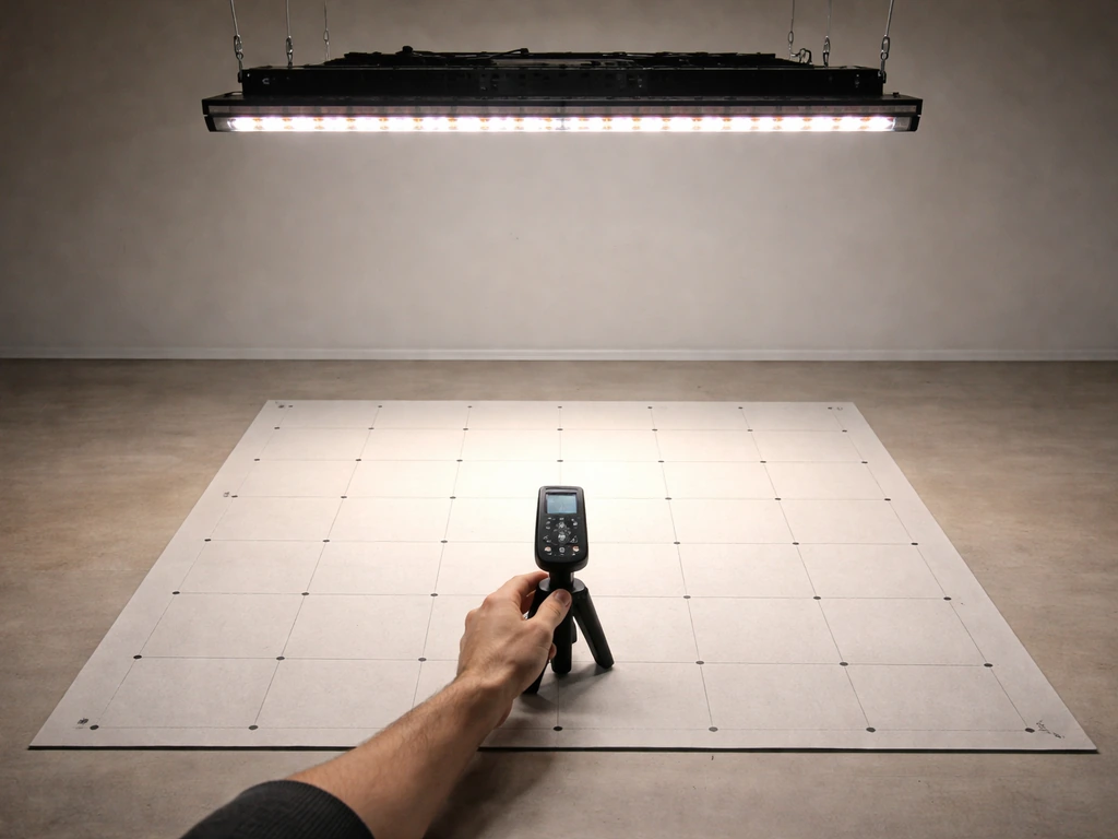 Gardening setup measuring PPFD under an LED grow light, showing brighter center and dimmer corners on the grid