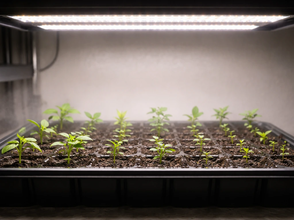 Close-up of a propagation tray with small cuttings under a softly lit grow light in clone mode