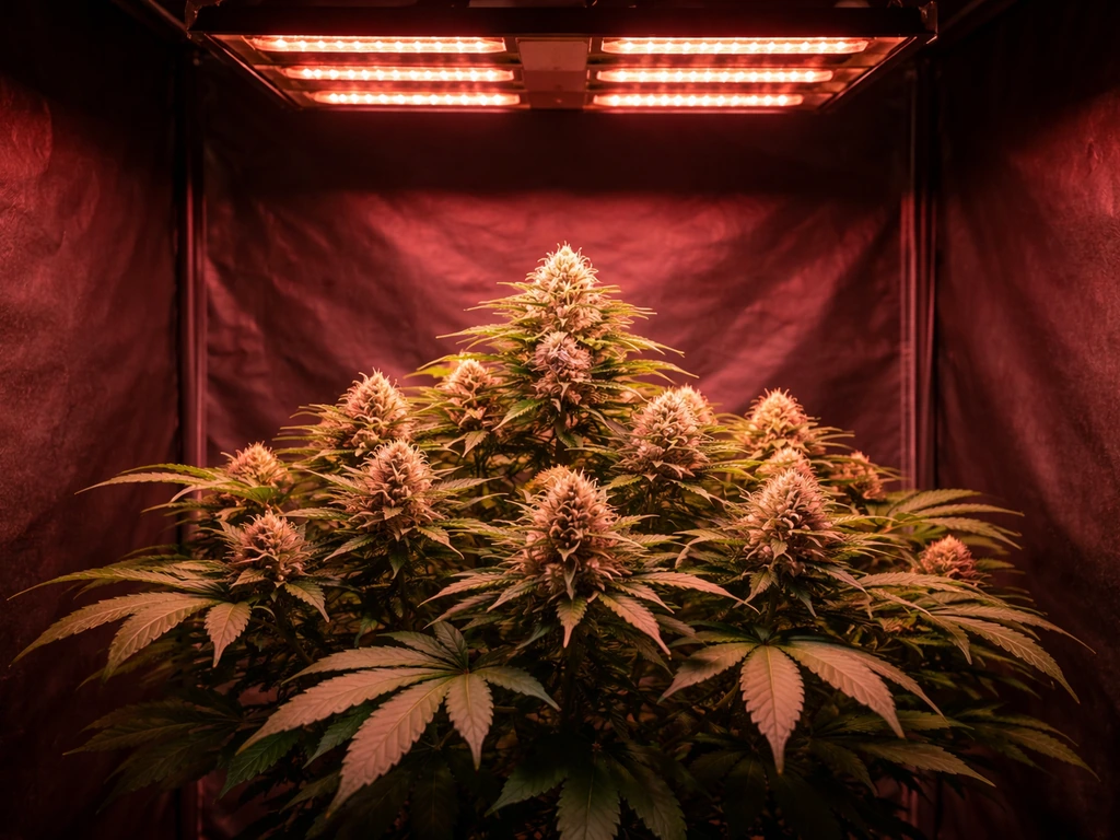 A flowering plant canopy evenly illuminated by red grow lights in an indoor grow tent.