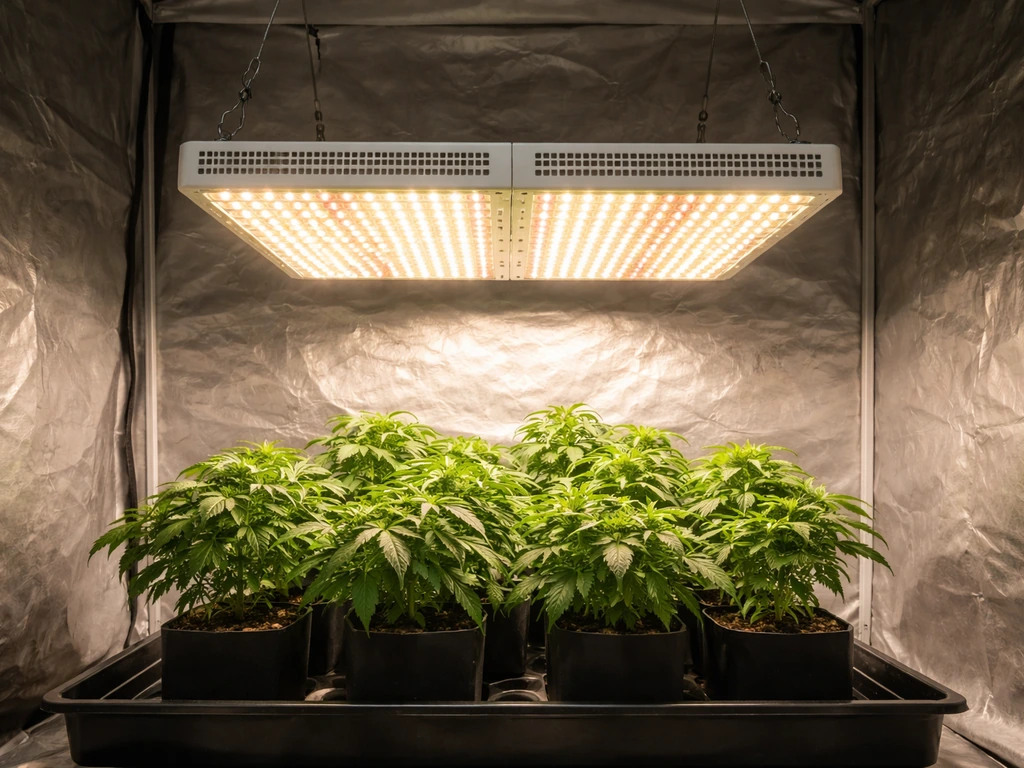 Honorsen grow light hanging over a small indoor plant canopy with visible panel and plants in view.