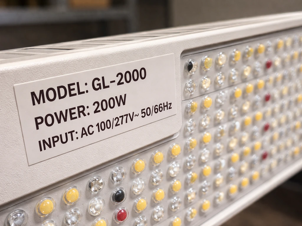Close-up of a grow light label/specs area and LED chip arrangement on the housing.